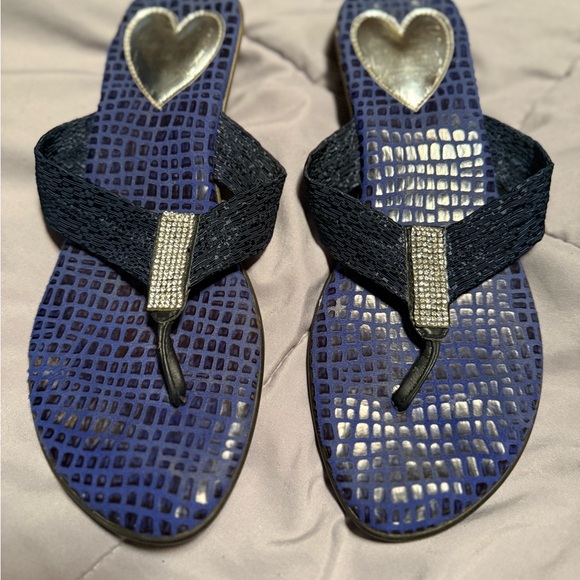 Love & Liberty blue flip flops crocodile pattern silver heart & bling. Beachcore - Picture 1 of 5